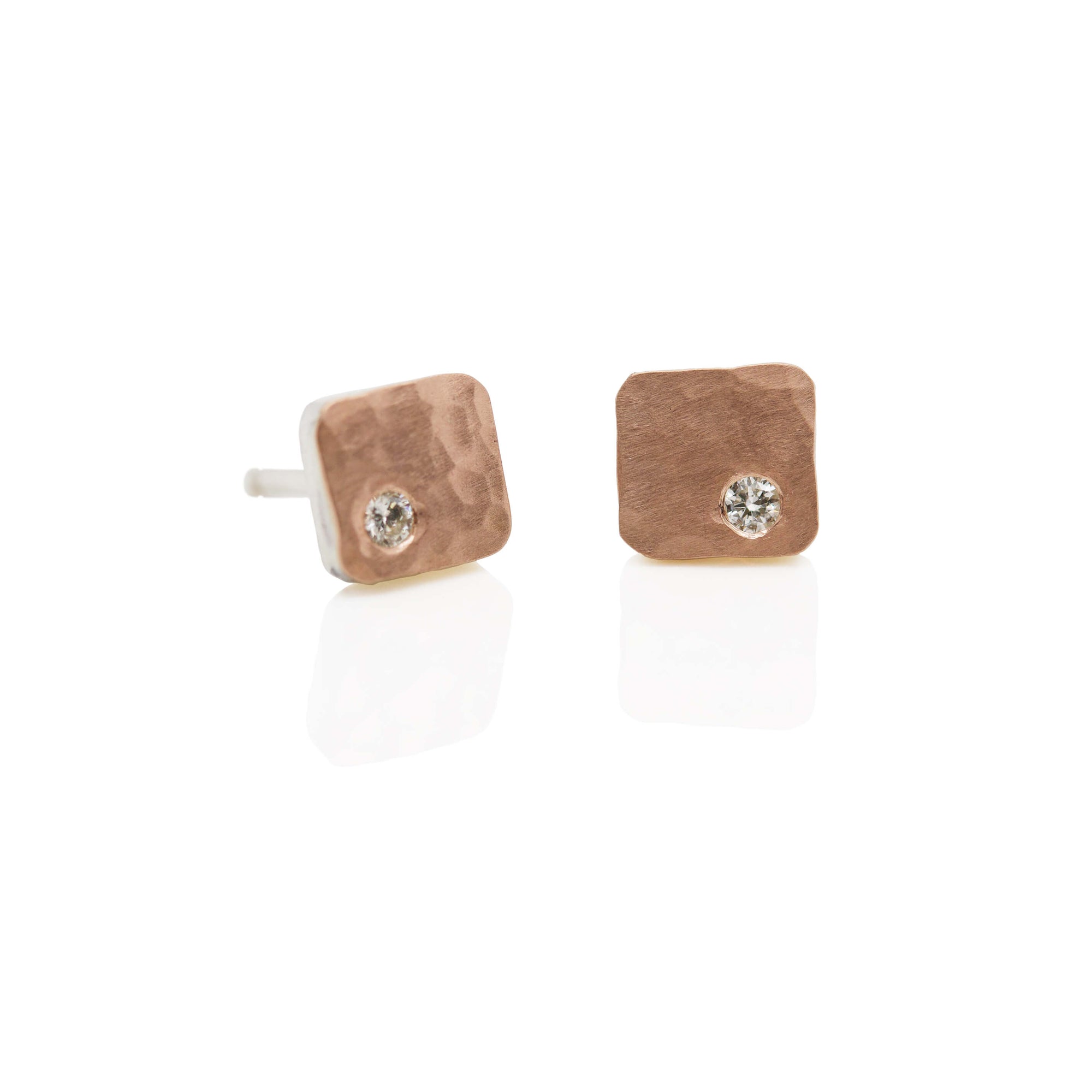 6mm Cell Studs in Hammered Gold with Diamond Accents