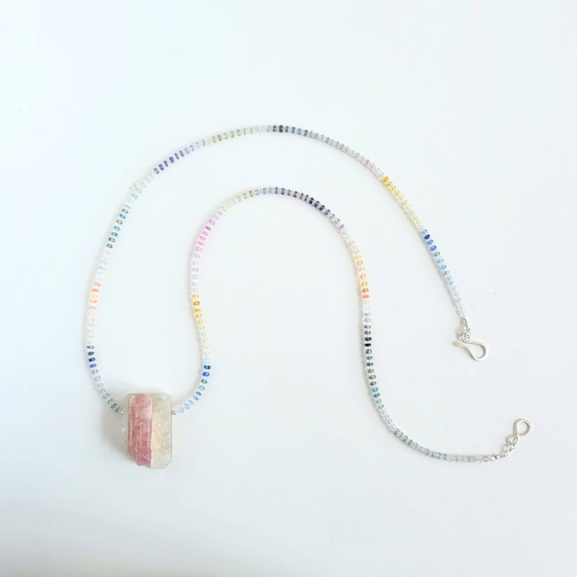 Pink Tourmaline Crystal in Quartz Matrix with Rainbow Sapphire Beads