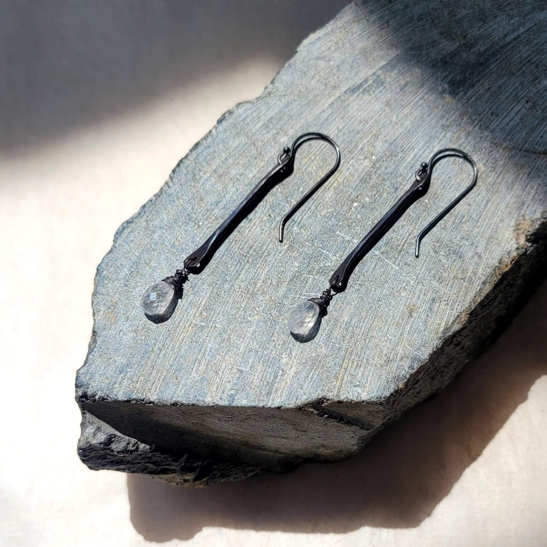 Oxidized Twig Earrings with Rainbow Moonstone Drops