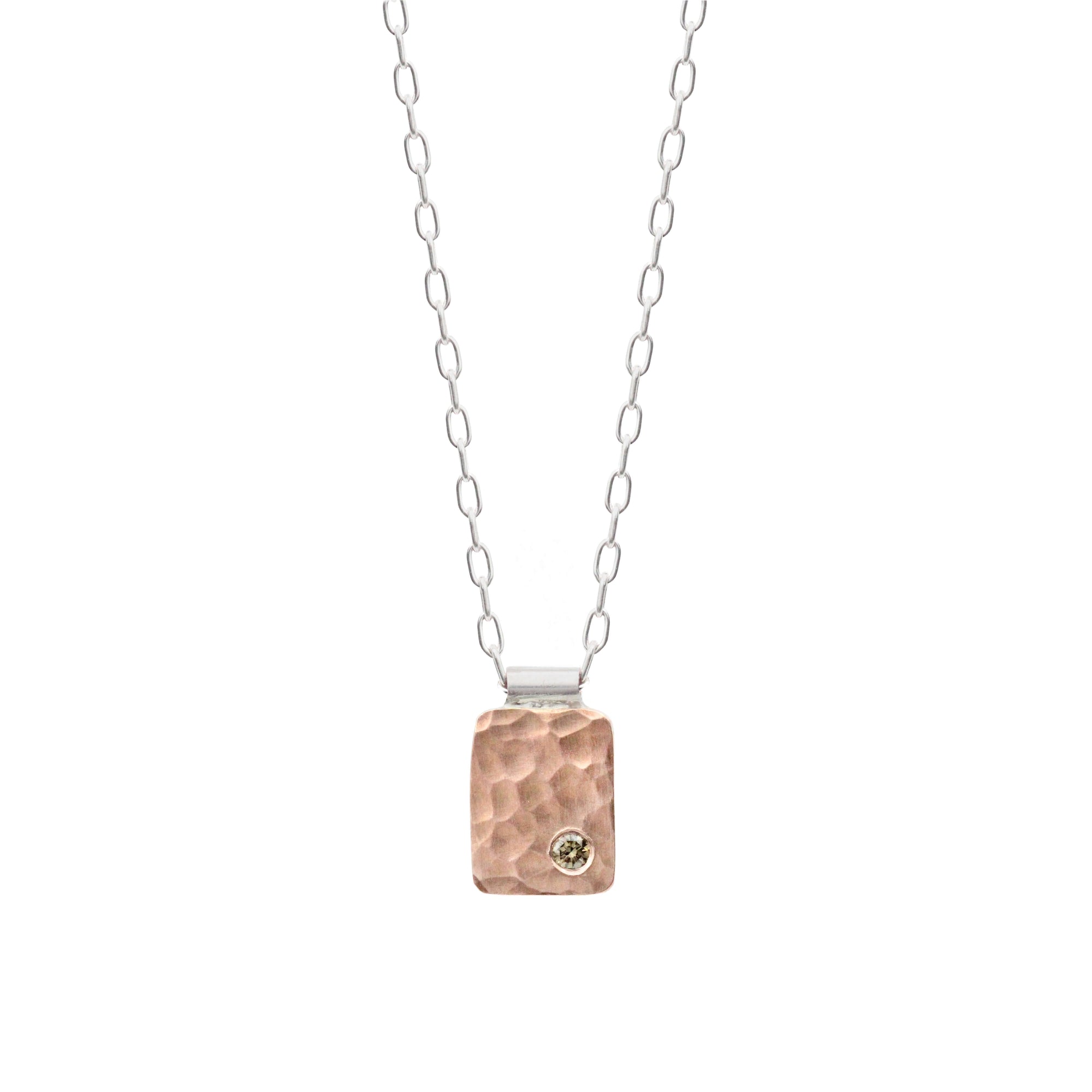 Hammered red gold and white diamond rectangle cell pendant. Handmade by EC Design Jewelry in Minneapolis, MN using recycled metal and conflict-free stone.