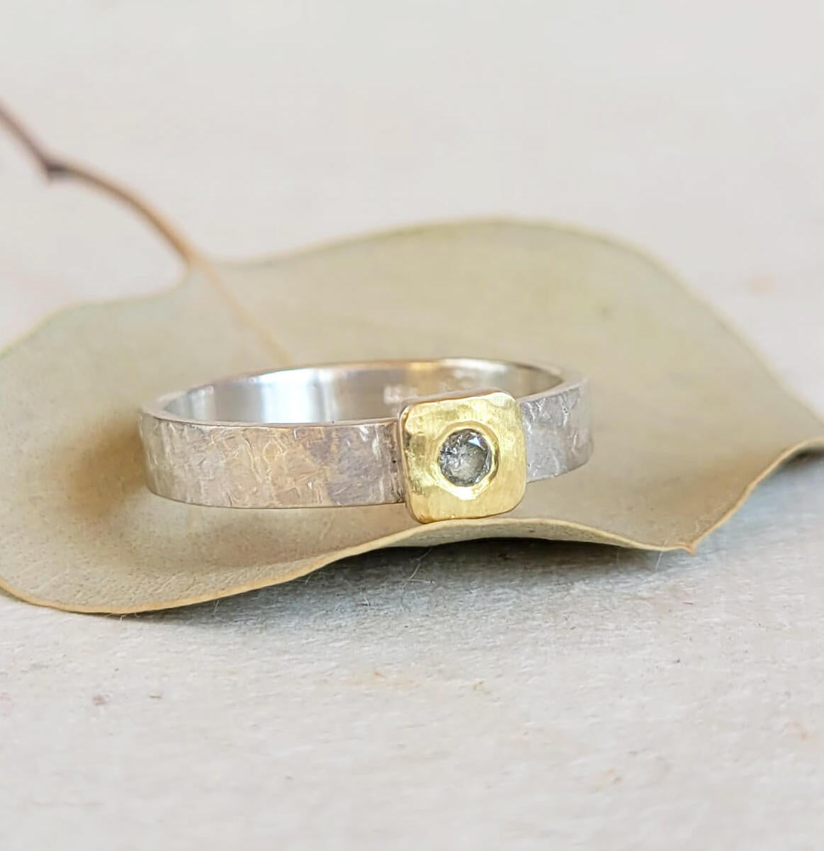 Raised 18ky Gold Square Cell on Wide Hammered Sterling Silver Band