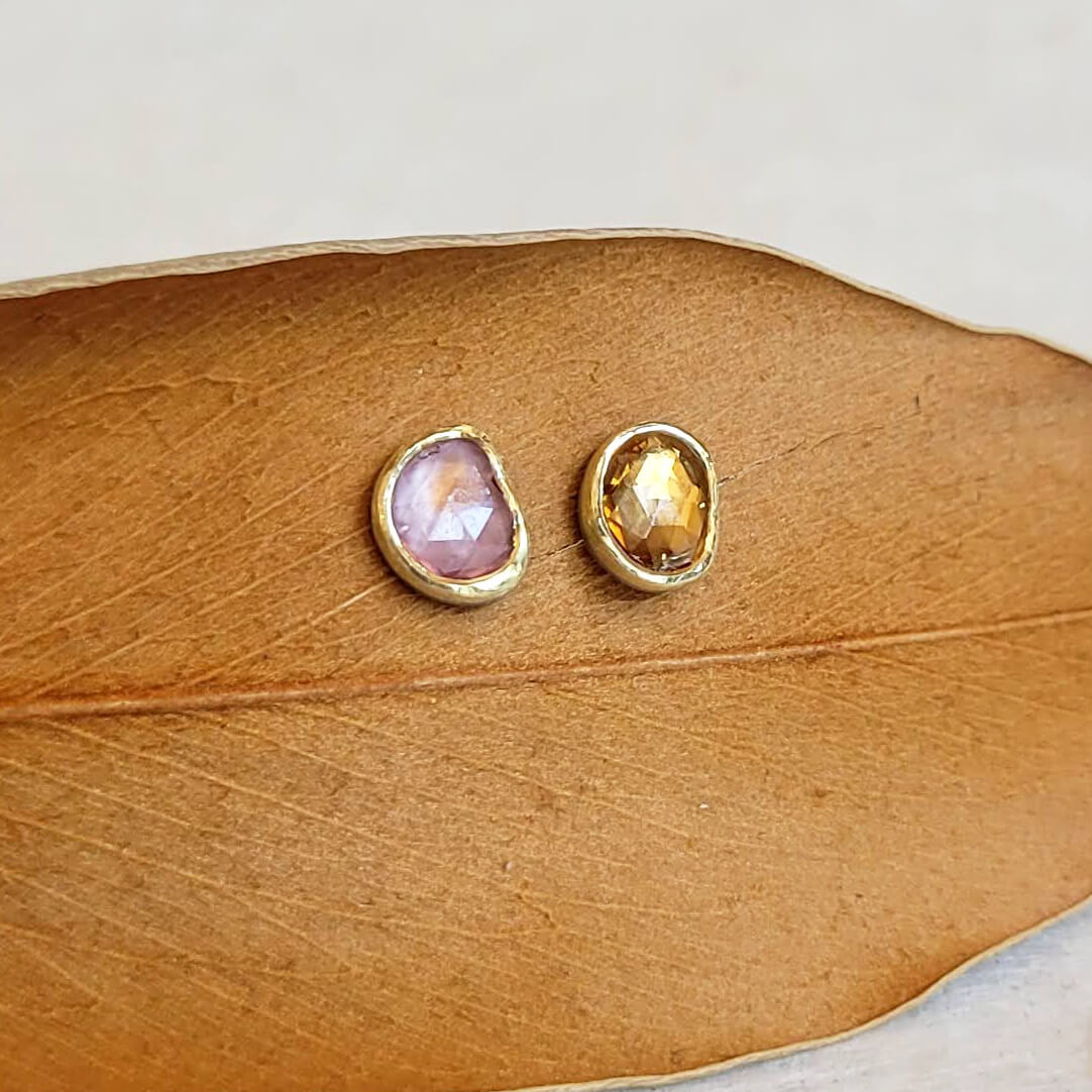 Mis-matched Rose Cut Sapphire Stud Earrings in Yellow Gold