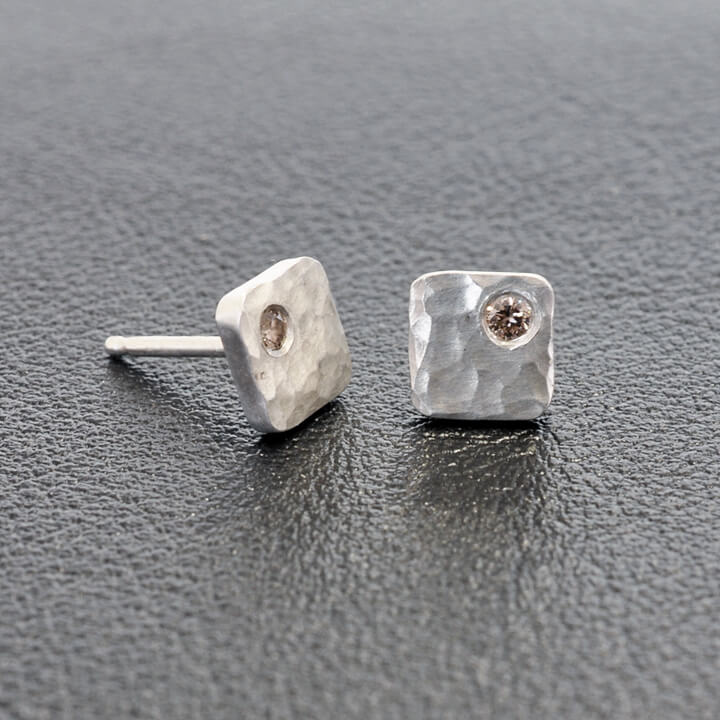 6mm Cell Studs in Hammered Sterling Silver with Champagne Diamond Accents