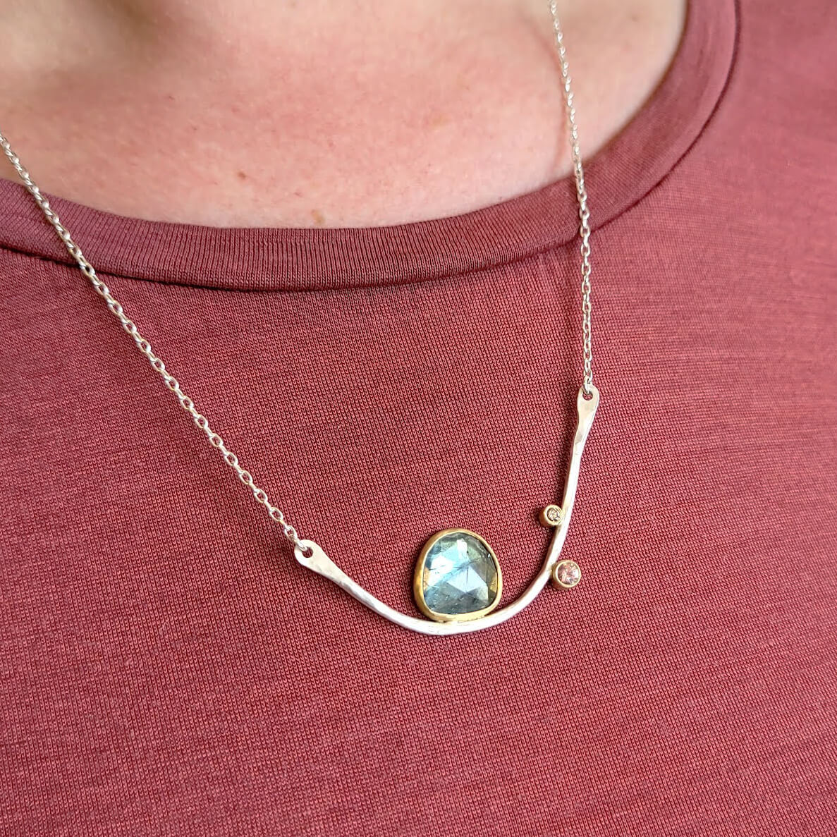 Branch Necklace in Sterling Silver with 18k Yellow Gold accents and a Rosecut Blue-Gray Tourmaline