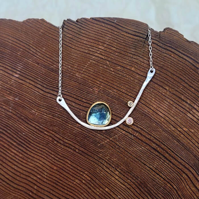 Branch Necklace in Sterling Silver with 18k Yellow Gold accents and a Rosecut Blue-Gray Tourmaline