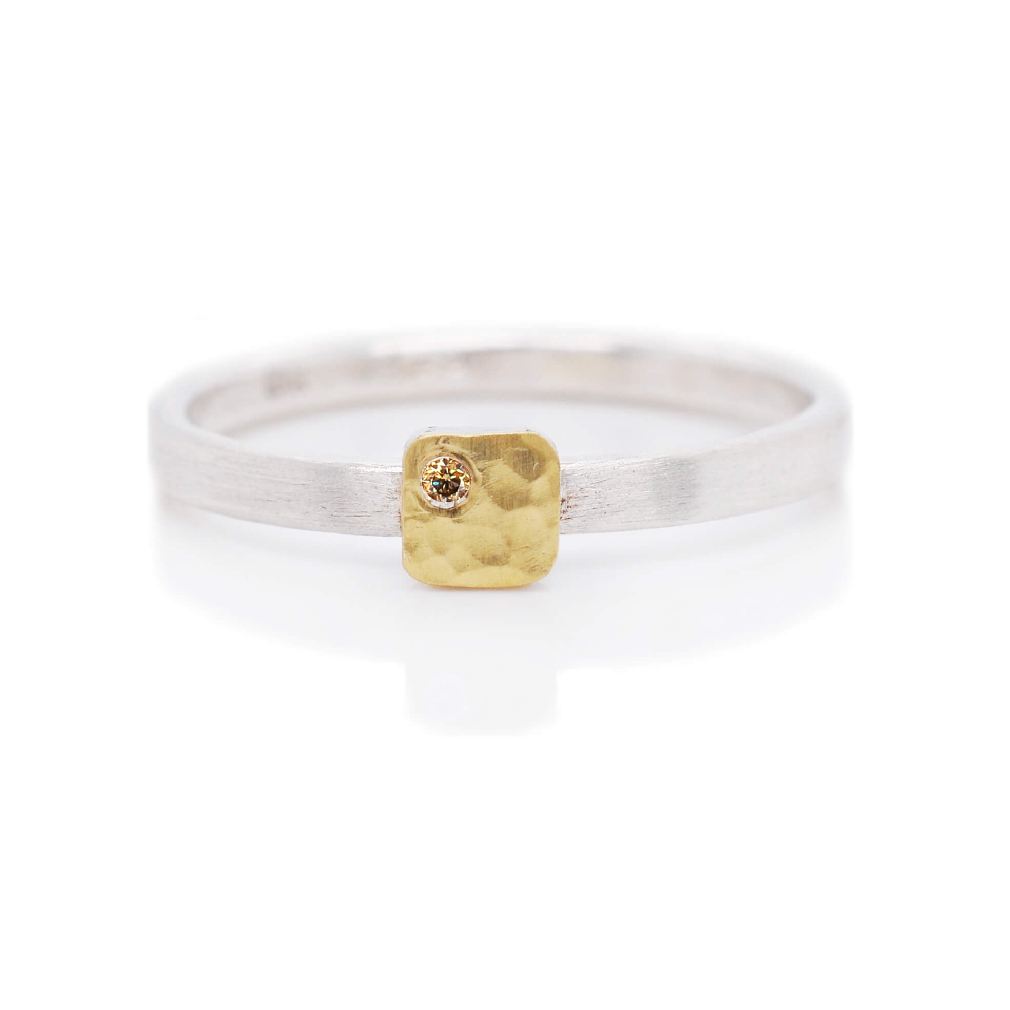 Hammered yellow gold and sterling silver cell ring with white diamond accent. Handmade by EC Design Jewelry in Minneapolis, MN.