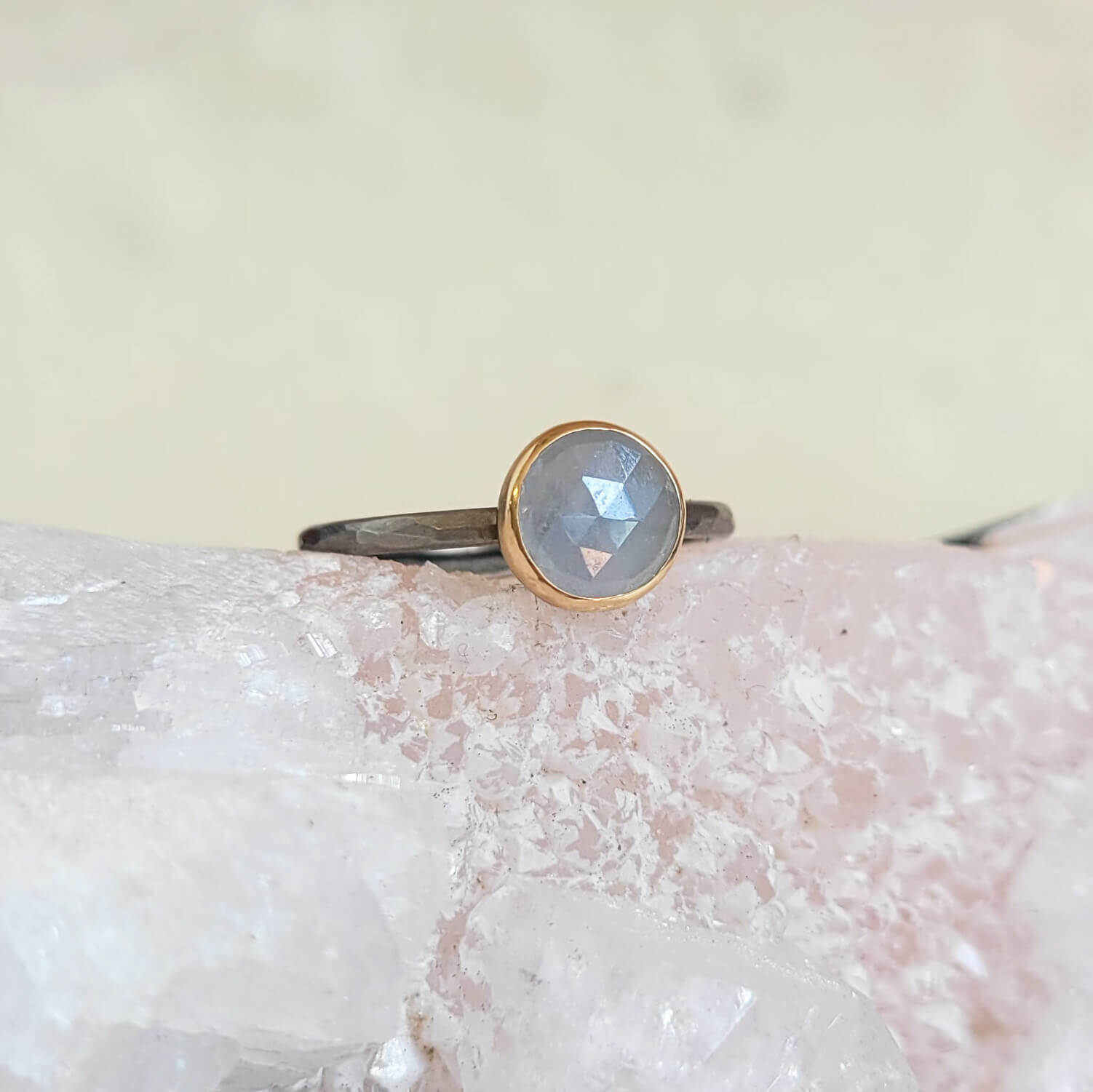 Milky Periwinkle Rose Cut Sapphire Ring in Rose Gold and Palladium