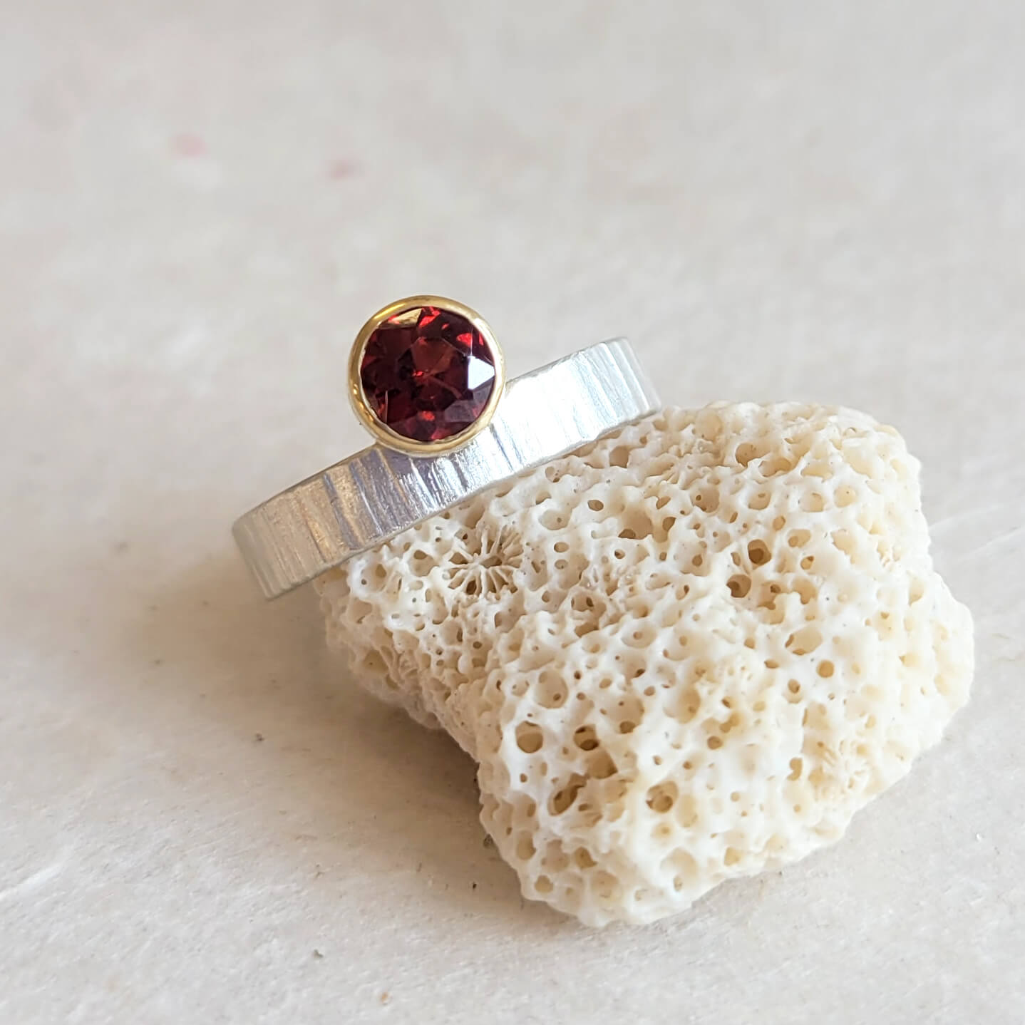 Off-set Ring with Garnet, Gold and Silver