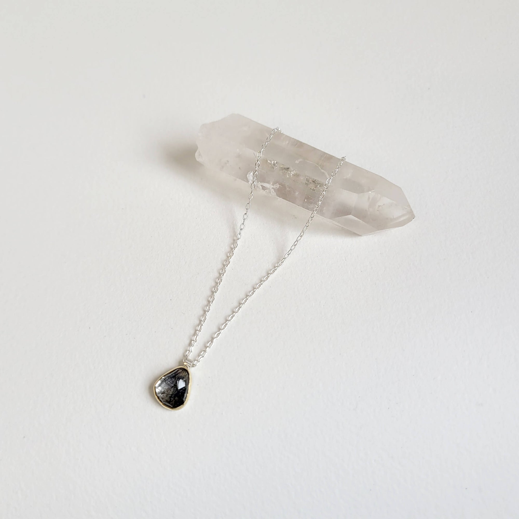 Black Tourmalated Rosecut Quartz and Yellow Gold Necklace