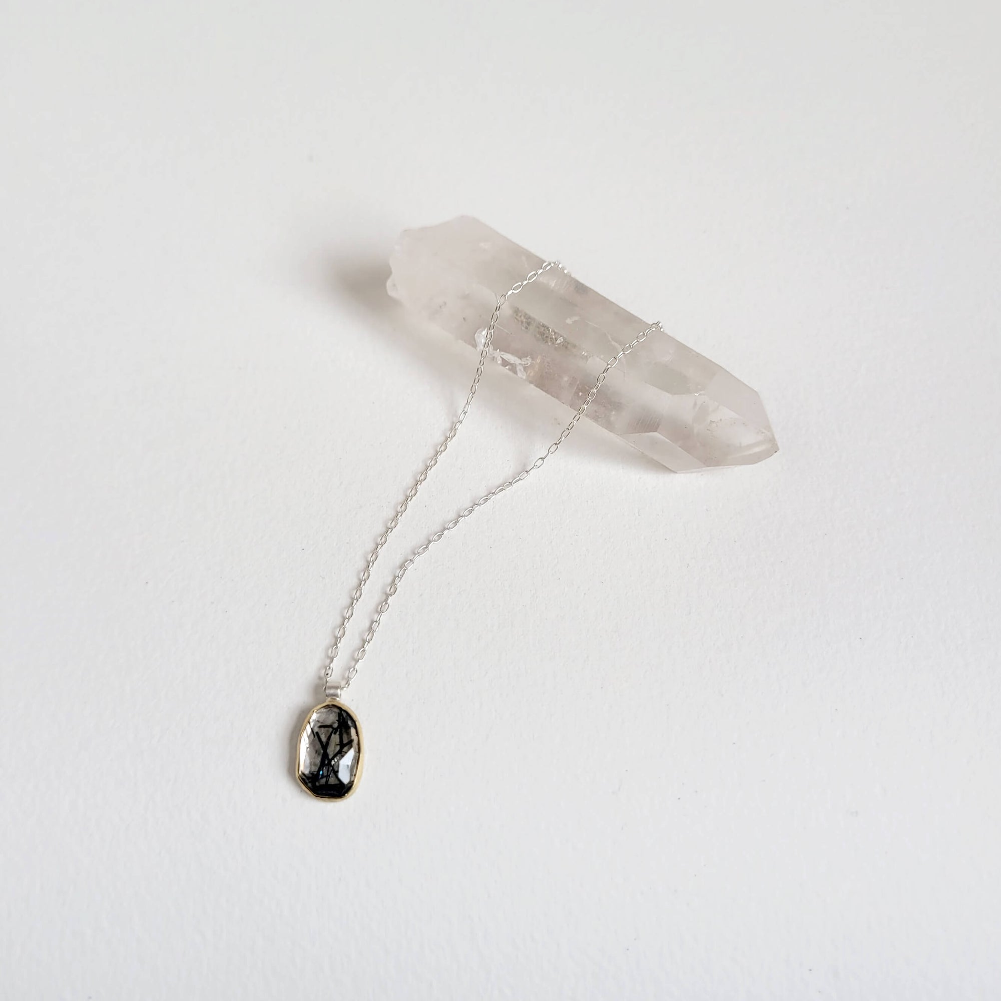 Black Tourmalated Quartz and Yellow Gold Pendant Necklace