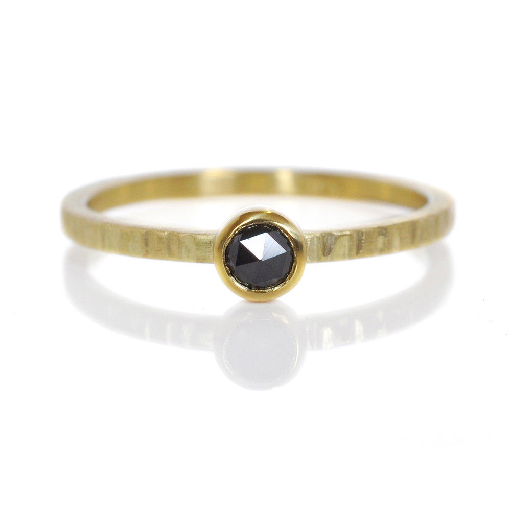 Delicate black diamond and yellow gold ring. Handmade by EC Design Studio in Minneapolis, MN using recycled metal and conflict-free stone.