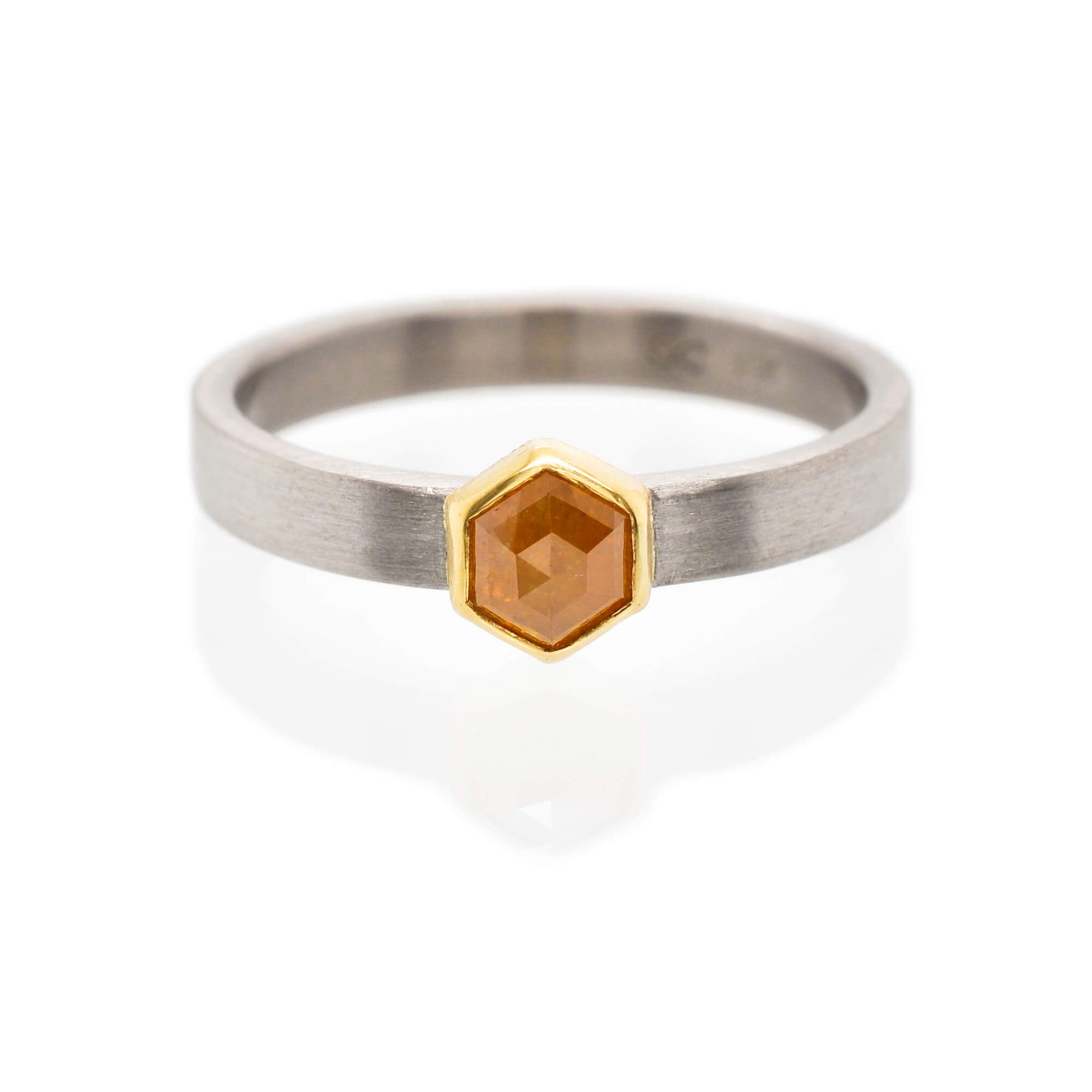 Hexagonal yellow diamond in yellow gold and palladium. Handmade with recycled metal and conflict-free stone. Created by EC Design Jewelry in Minneapolis, MN.